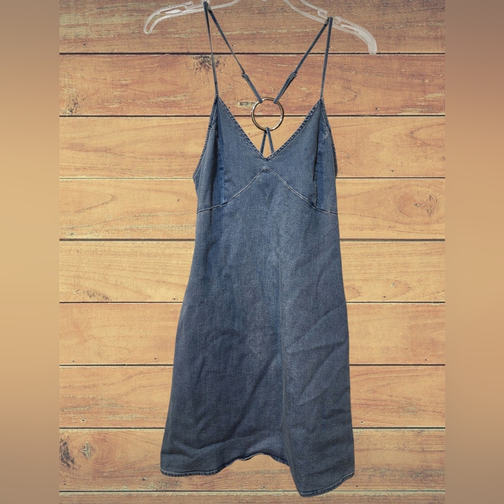 Denim Mini Slip Dress with Silver Ring Back Detail - Blue Jean Size Large